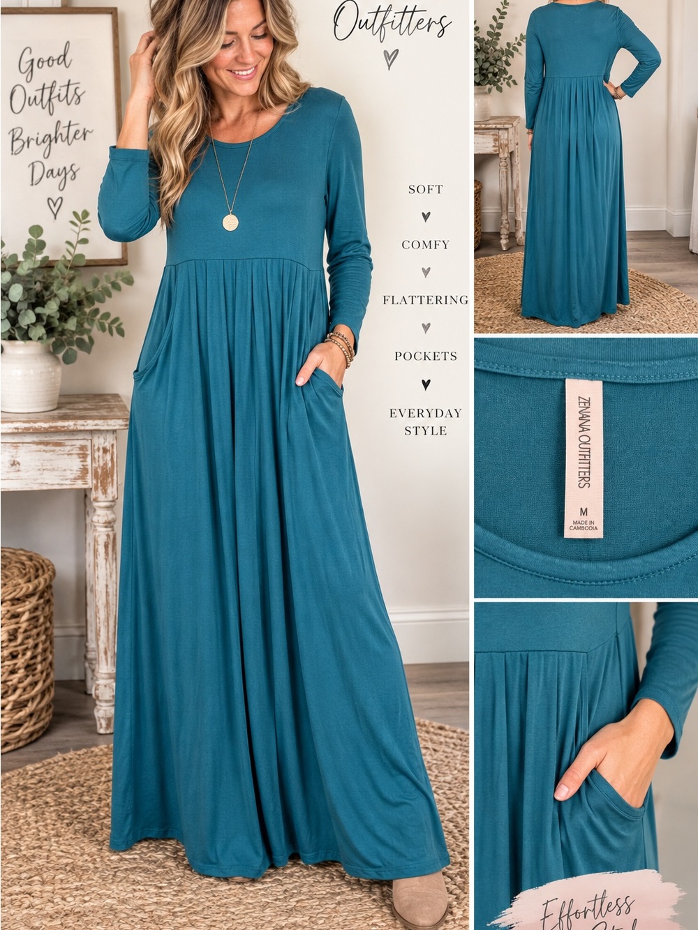 Zenana Outfitters Teal Maxi Dress with Long Sleeves and Pockets